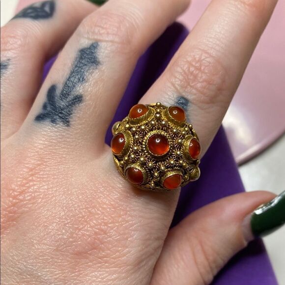 💛 Antique Chinese Sterling Silver Gilt Carnelian w/ Filigree Ring - Picture 6 of 8